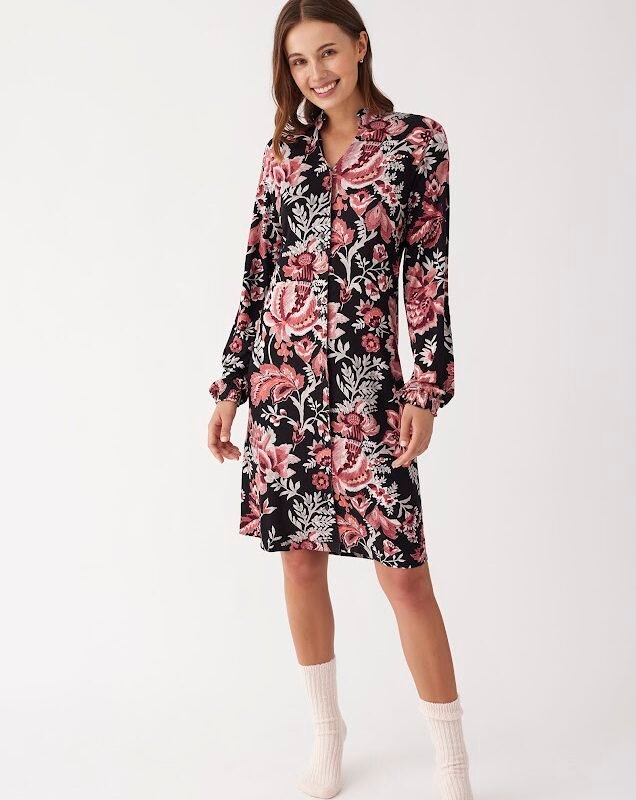 CHEMISE DE NUIT BOUTONNEE FLORAL FOND NOIR