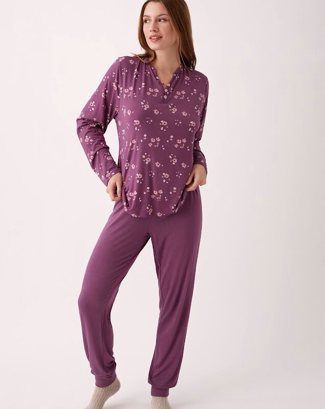 PYJAMA MOTIF FLORAL FOND PRUNE